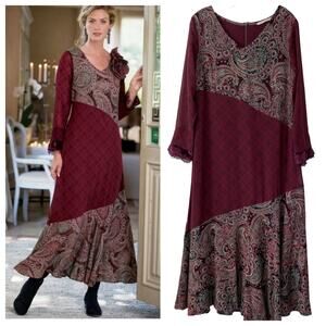 Soft Surroundings Aideen Maxi Dress Sz SP Mixed Print Paisley V-Neck Cottagecore